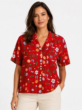 Vintage 90’s Geiger Austria NWT Red Floral Cotton Button Blouse Size 38/US 8
